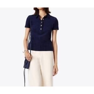 Tory Burch Lennox Polo Five Button Cotton Short Sleeve Navy Size Medium